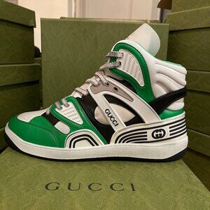 Gucci White/green Leather Basket High Top Sneakers 661301, Gucci 8, 9+, 10
